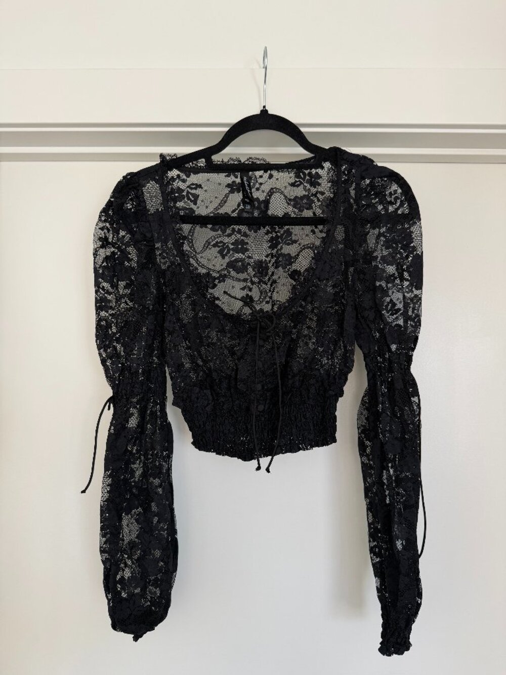For Love & Lemons Black Lace Long Sleeve Crop Top